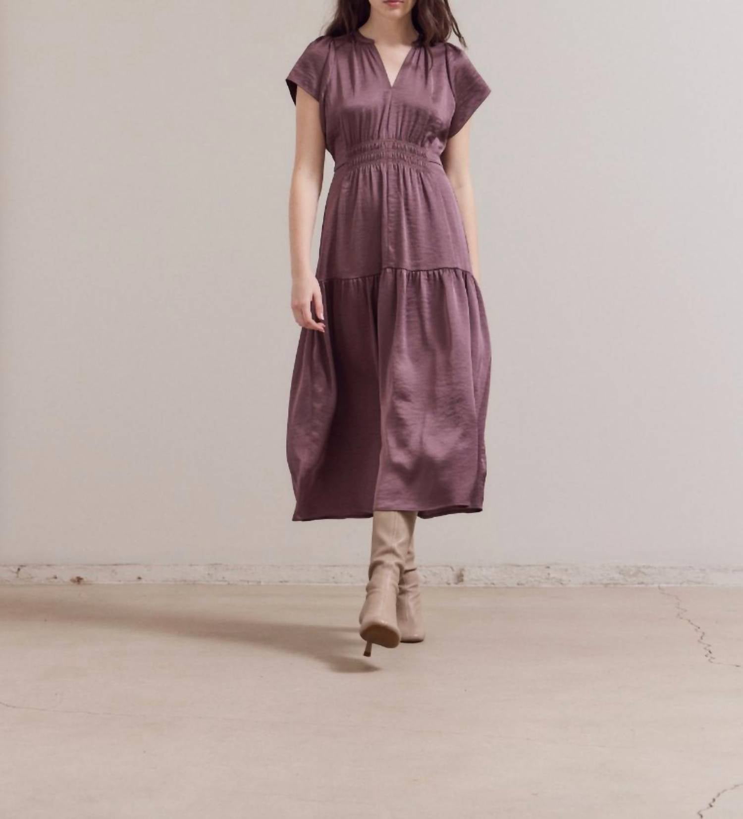 Grade & Gather - Women's Ruffle Matte Satin Midi Dress