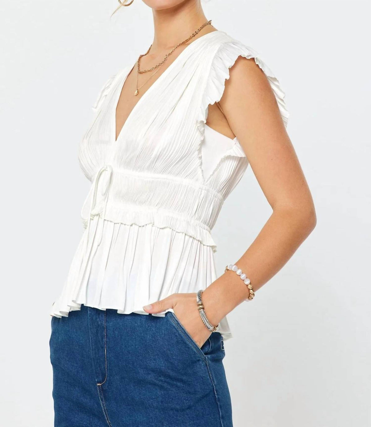 Current Air - Pleated Peplum V-Neck Blouse