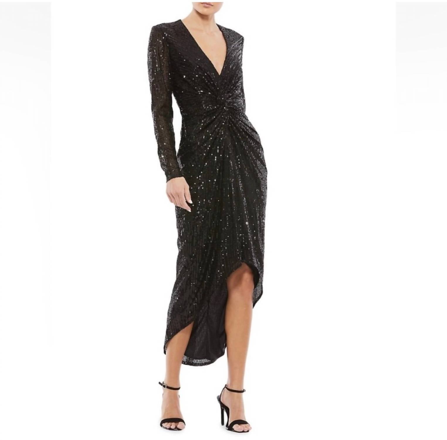 Mac Duggal - Women's Sequined High Low Front Twist Midi Dress