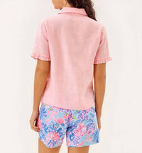 Lilly Pulitzer Carden Ruffle Top in sorbet pink x resort white - women's shirt - detail view