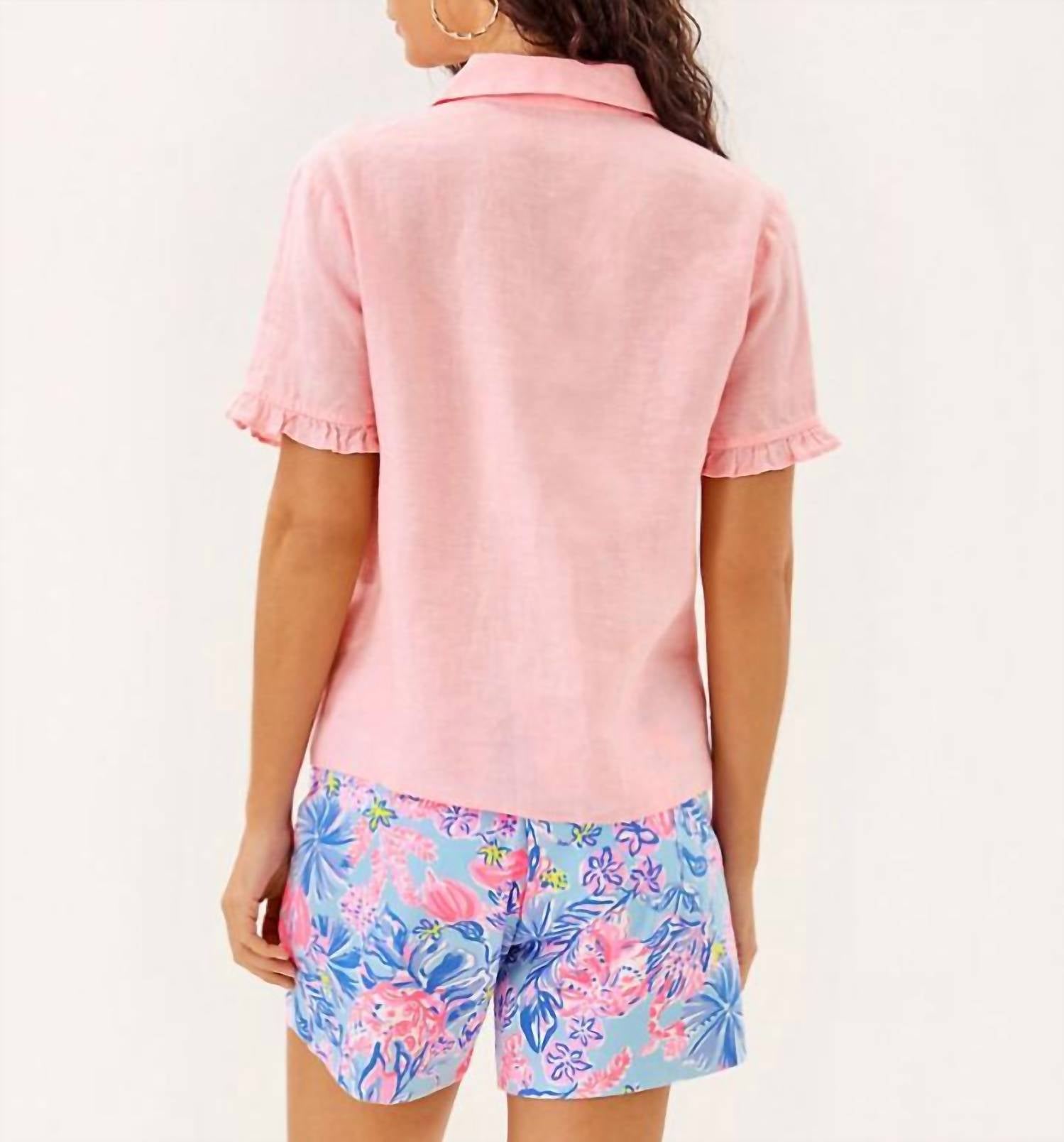 Lilly Pulitzer Carden Ruffle Top in sorbet pink x resort white - women's shirt - detail view