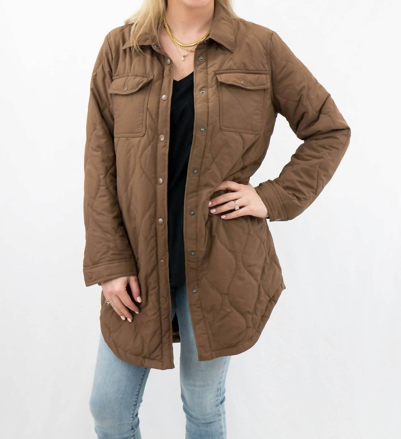 trend:notes Quilted Utility Thin Puffer Jacket in brown - women's jacket - detail view