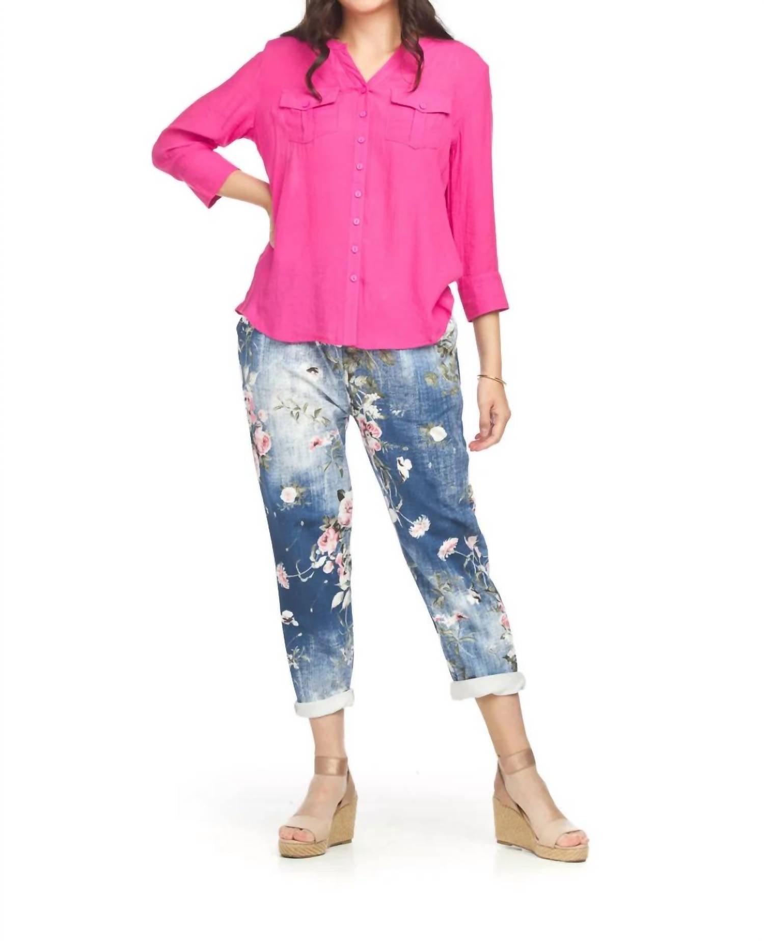 Papillon - Button Front Tab Sleeve Blouse