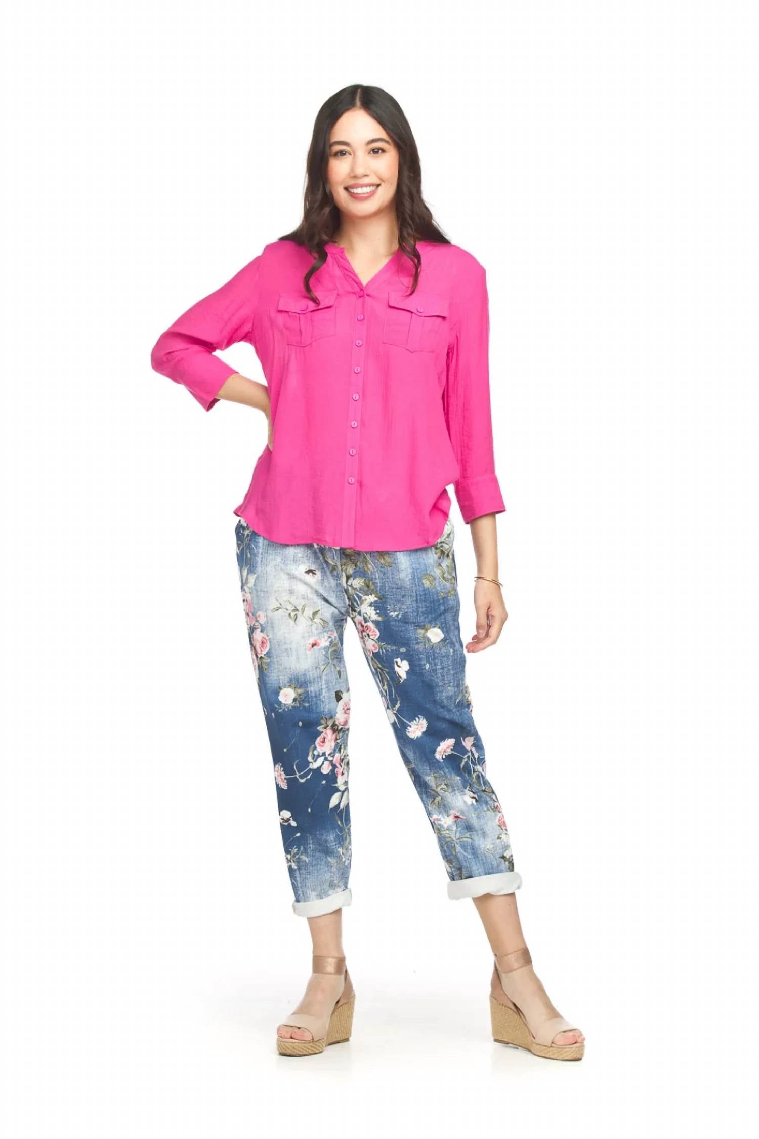 Papillon - Button Front Tab Sleeve Blouse