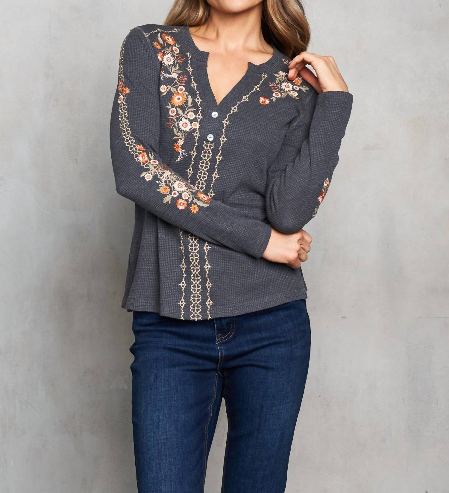 PAPARAZZI Thermal Knit Embroidered Henley Top in charcoal - women's blouse - view 8
