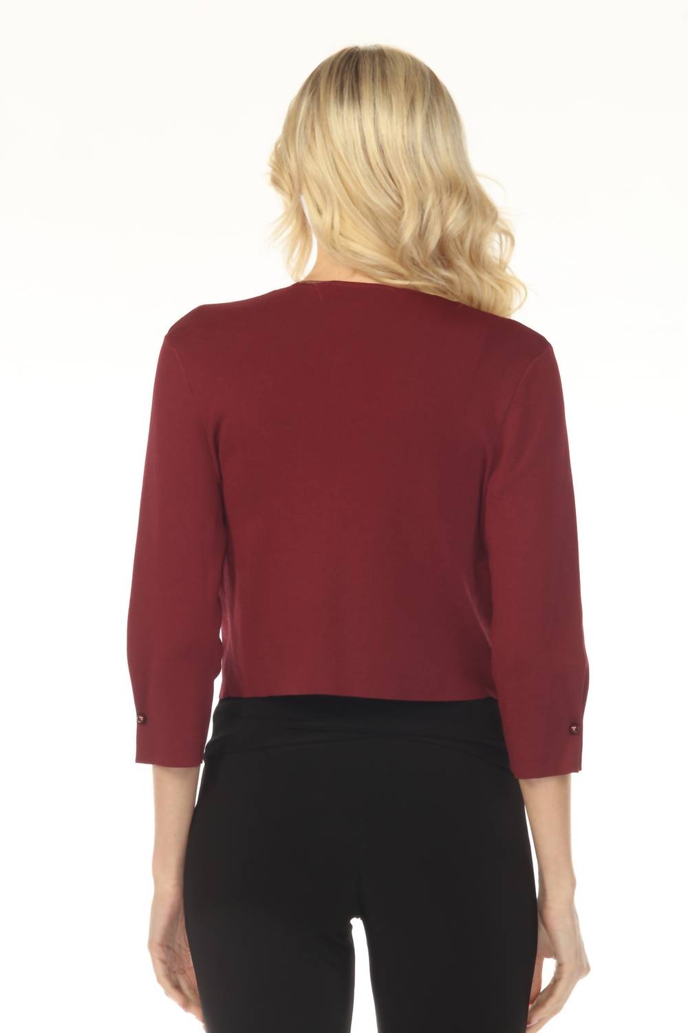 Joseph Ribkoff Pearl Accent Three Quarter Sleeve Cropped Cardigan in merlot - women's cardigan - alternate view