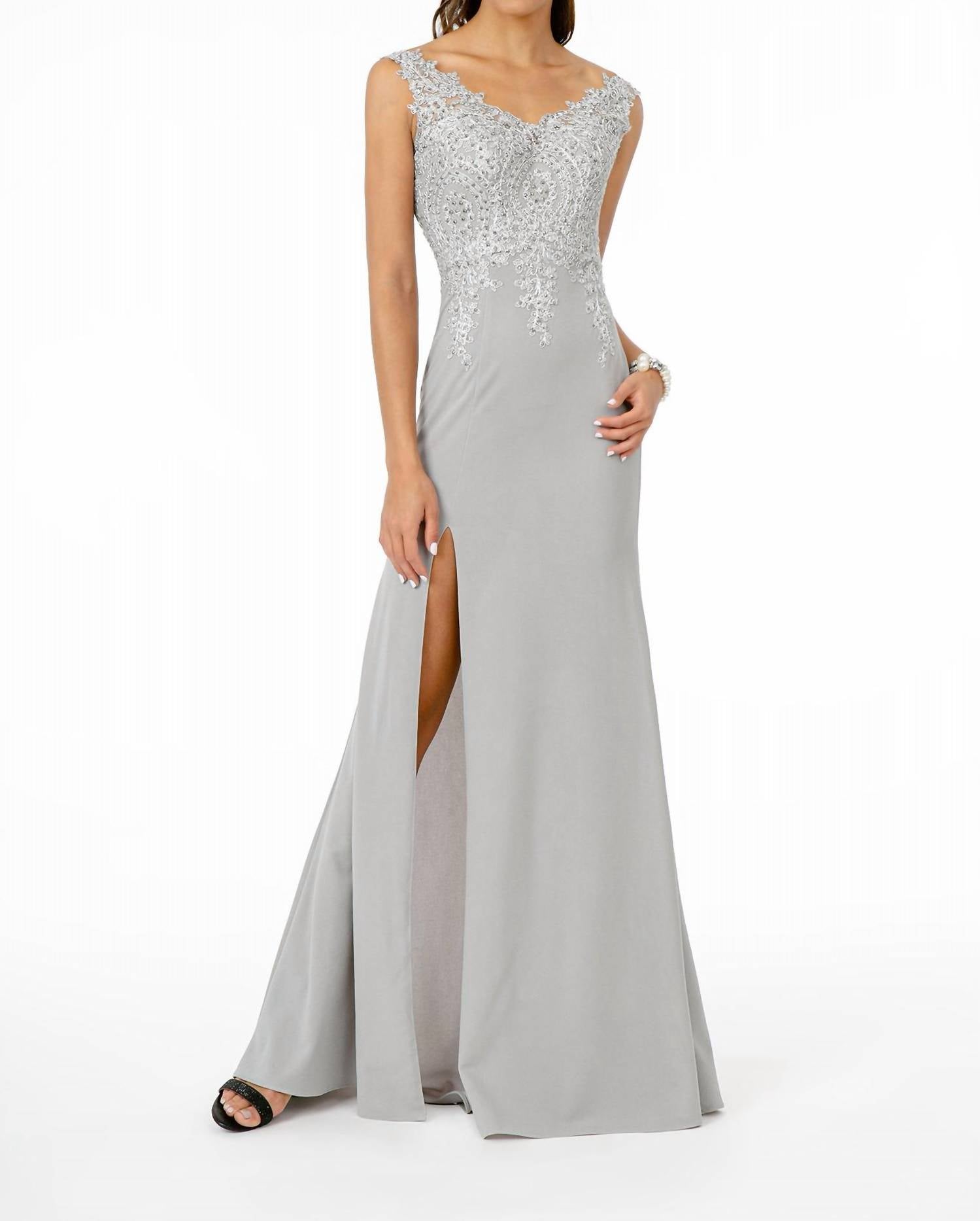 Gls Collective - Embroidered Bodice V-neck Jersey Long Dress