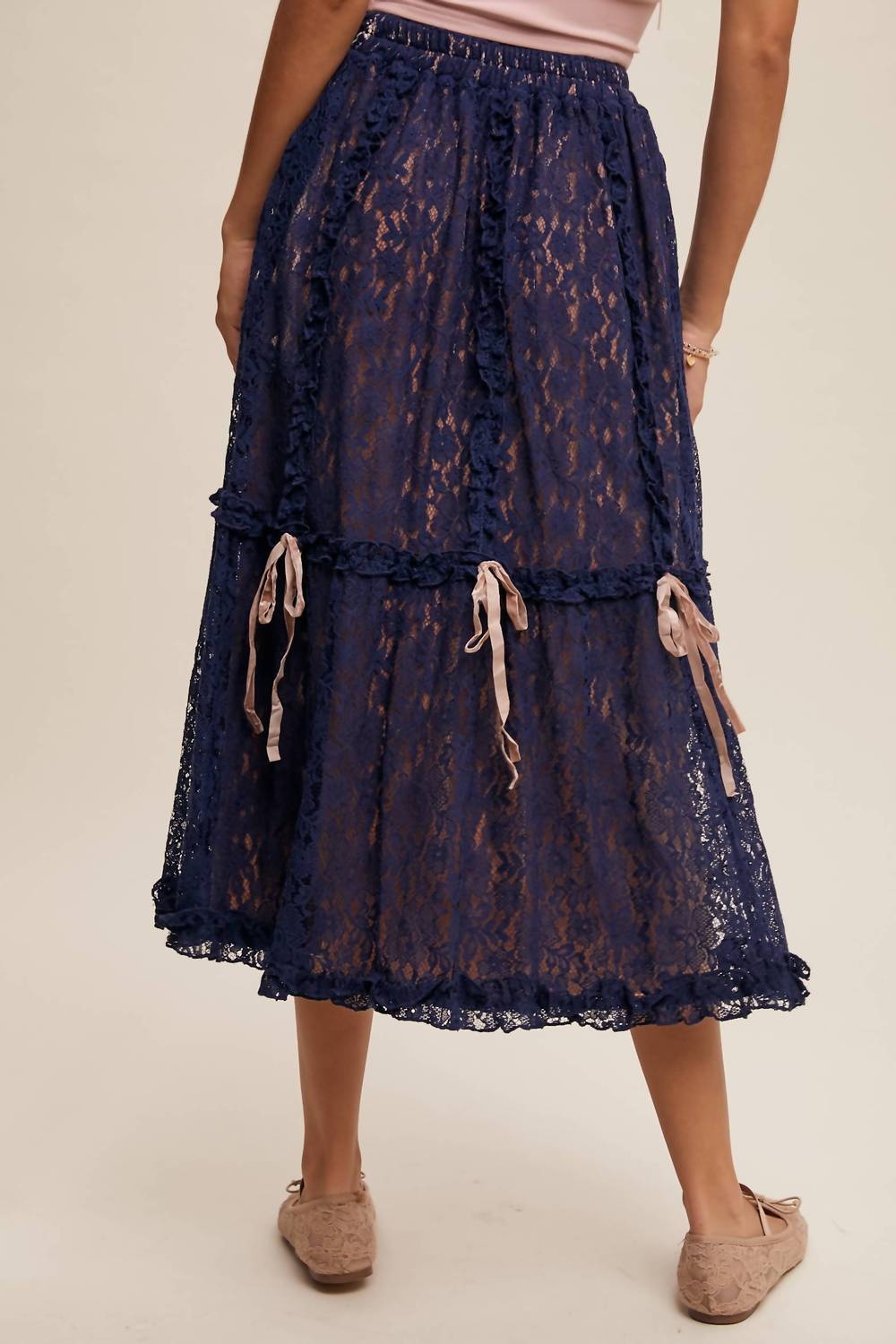 Listicle Lace Midi Skirt With Ribbon Details in navy - women's skirt - view 7