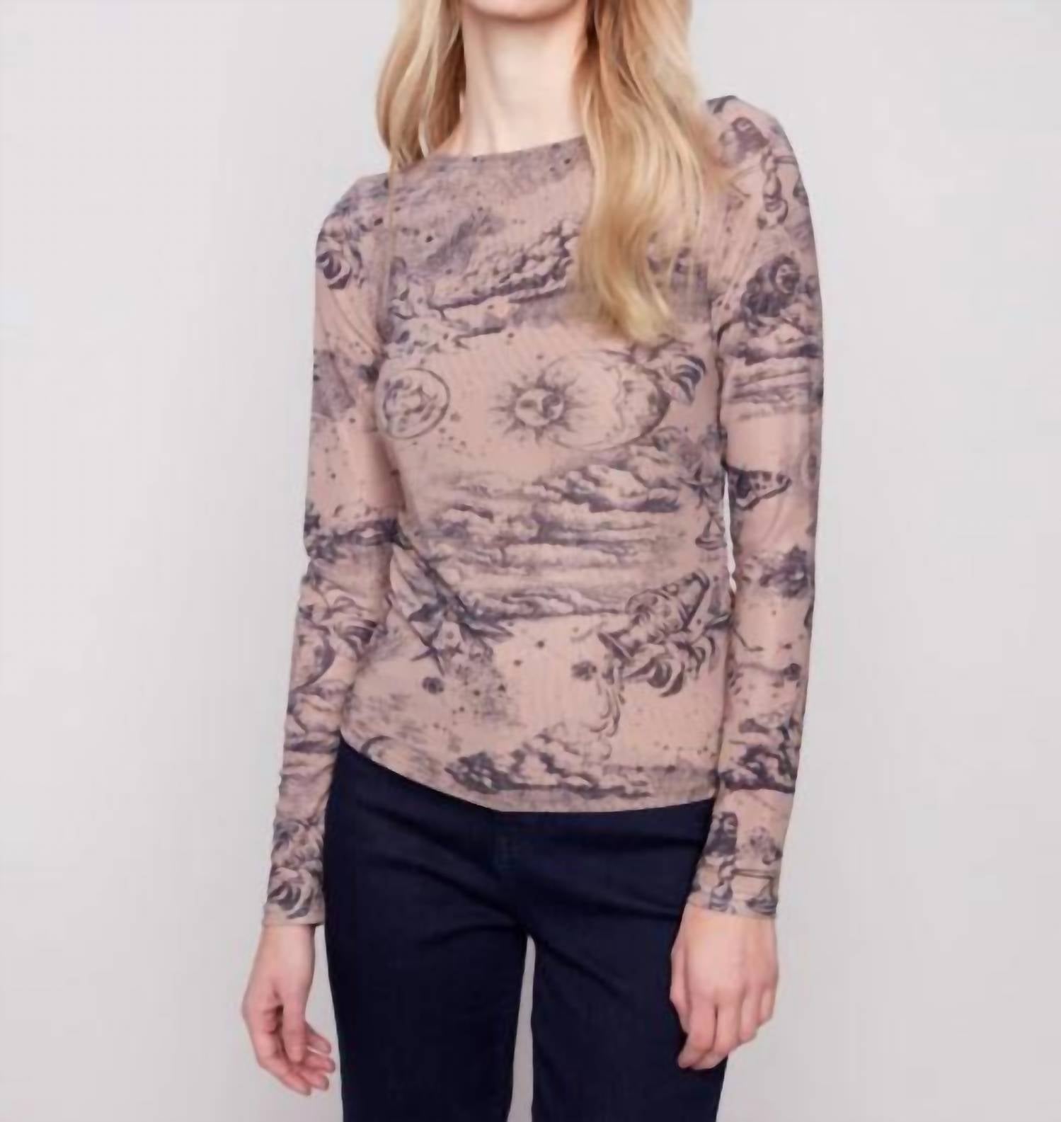 Charlie B - Astrology Print Mesh Long Sleeve Top