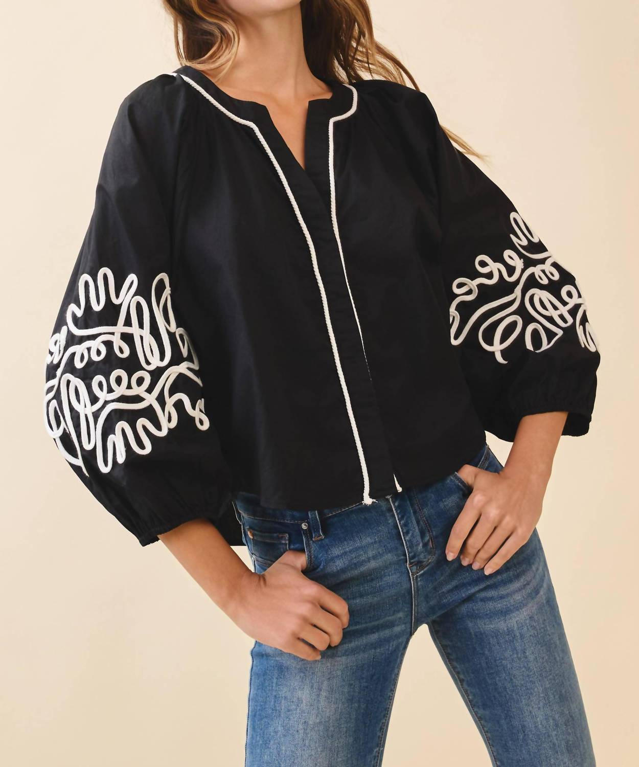 TCEC Embroidered Puff Sleeve Blouse in black ivory - women's blouse
