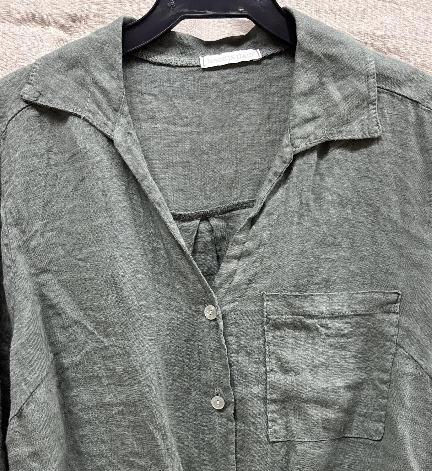 Made in Italy Women's Linen Tie Front Blouse in italy women s linen tie front blouse in olive - women's blouse - detail view