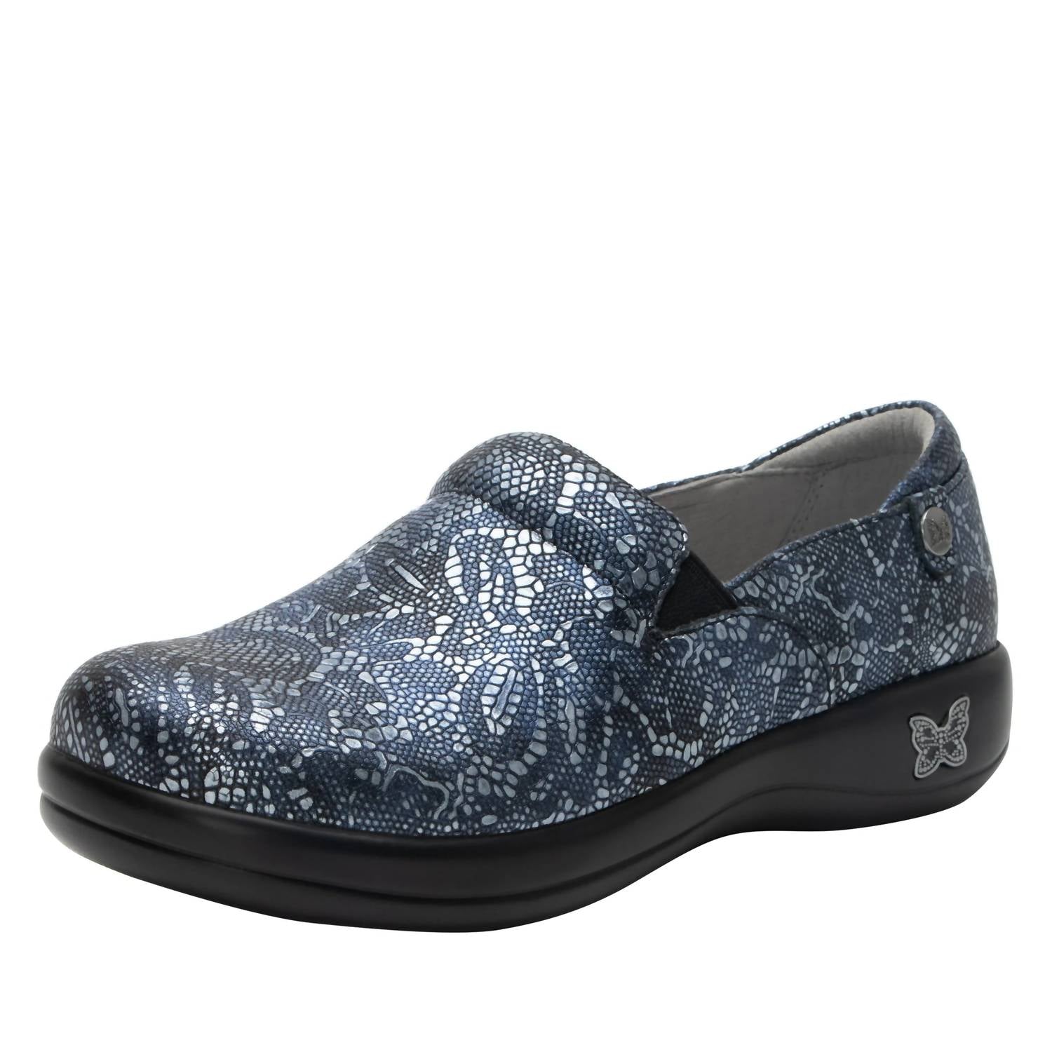 Alegria Women's Keli Slip On Leather Shoes in pewter lace - women's shoe - detail view