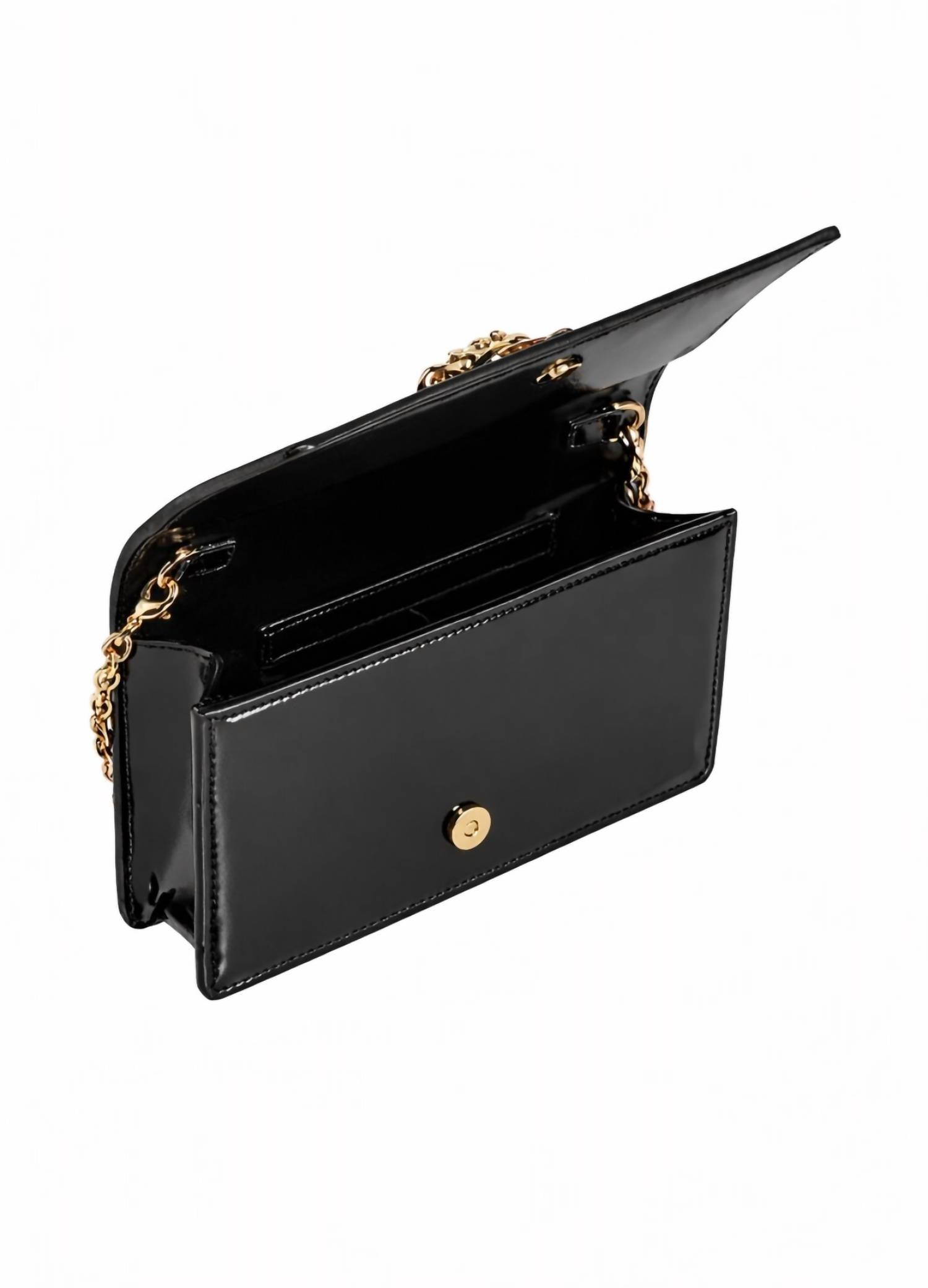 VERSACE Women's Medusa Patent-leather Clutch Bag in black with gold tone hardware - women's bag - detail view