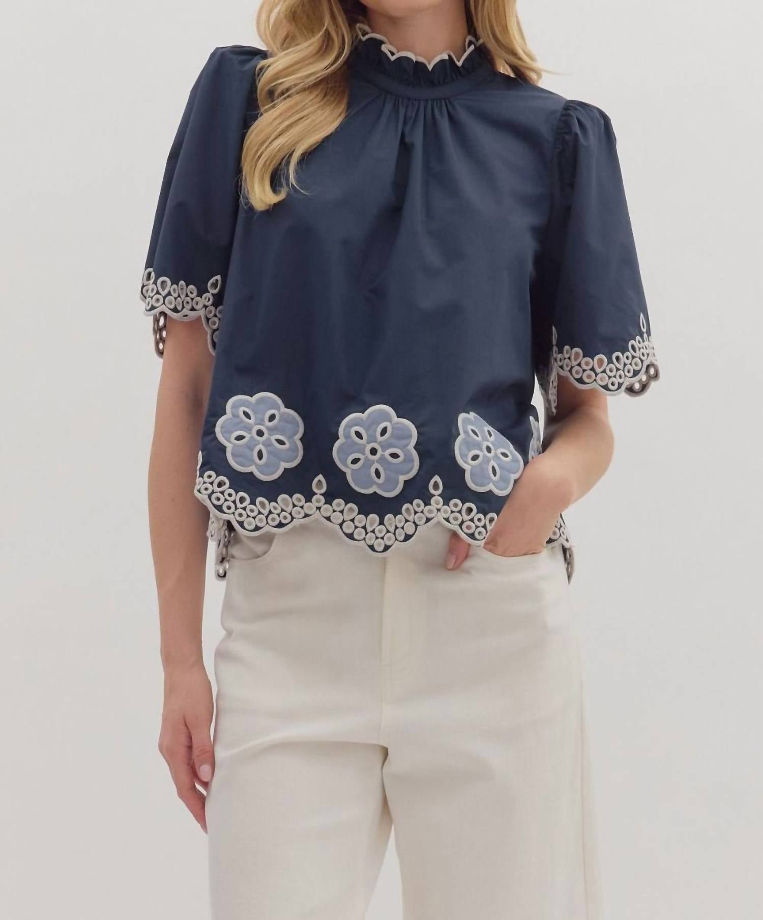Entro - Flutter Embroidered High Neck Top