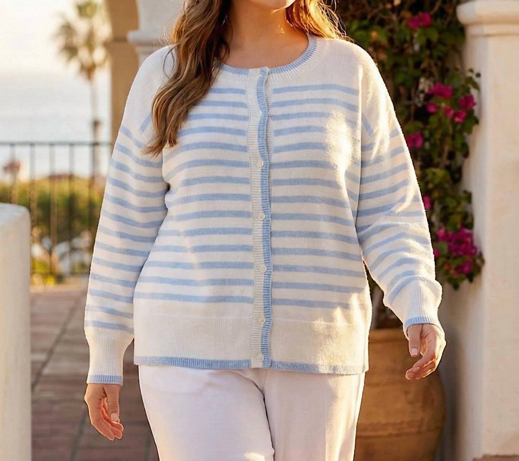 Karen Kane Stripe Cardigan Sweater - Plus in blue with off white - women's cardigan - view 4