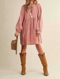 &Merci - Embroidered Long Puff Sleeve Mini Dress