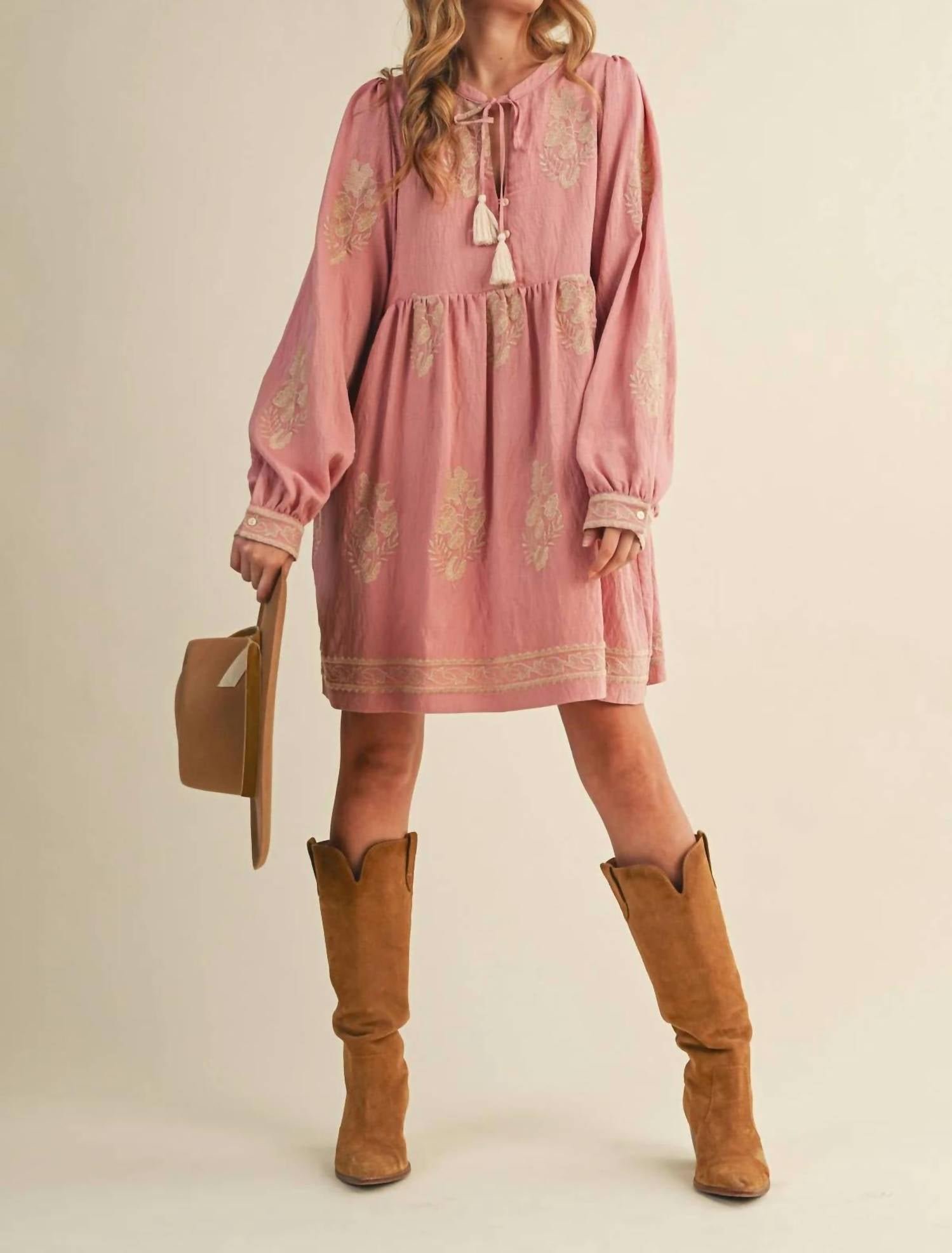 &Merci - Embroidered Long Puff Sleeve Mini Dress