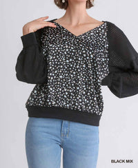 Umgee - Animal Knit Woven Print Long Sleeve Top