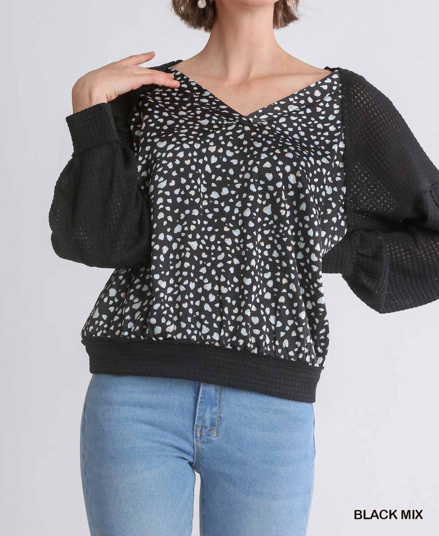 Umgee - Animal Knit Woven Print Long Sleeve Top