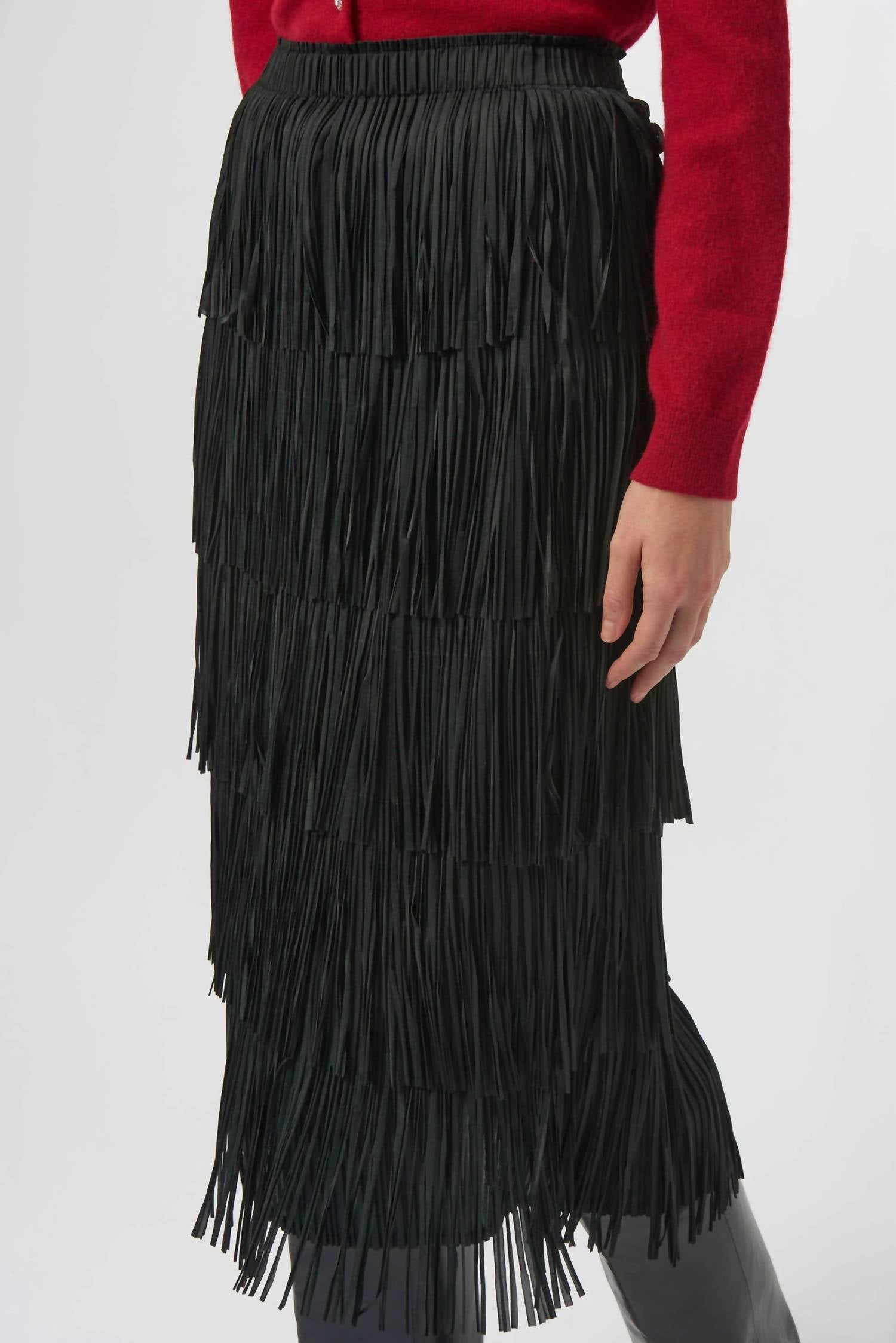 Joseph Ribkoff - Pleated Pencil Midi Skirt With Tiered Fringes