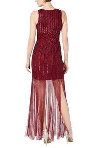 Adrianna Papell - V-neck Embellished Mesh Dress
