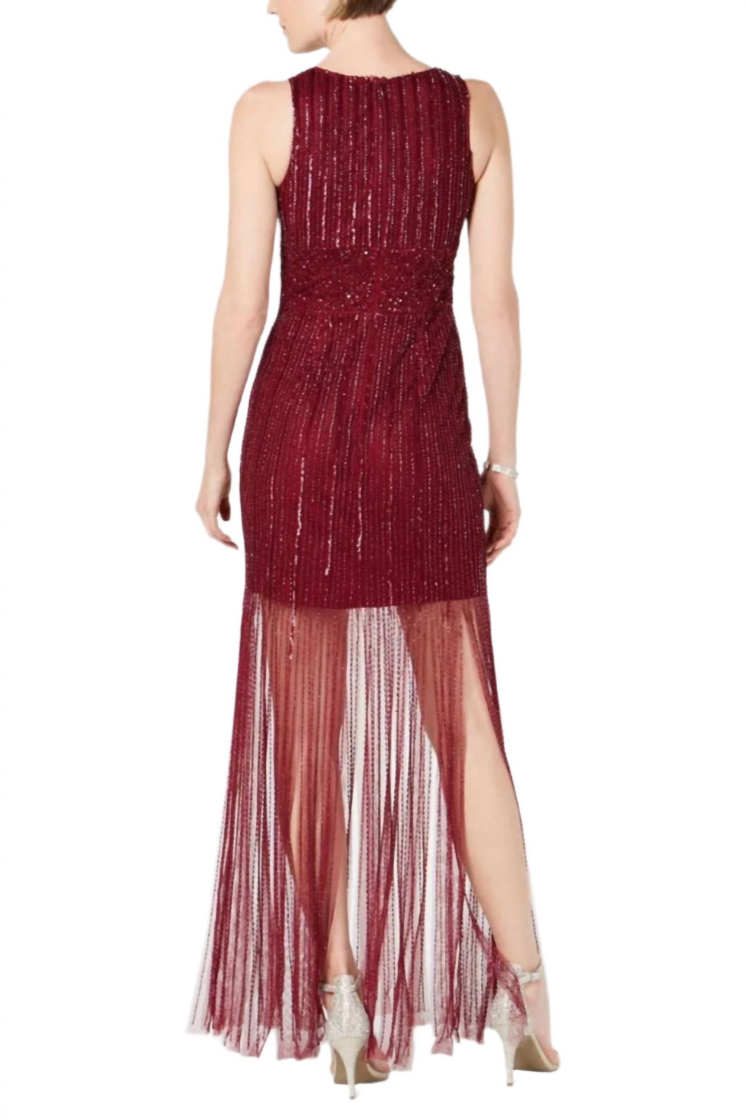 Adrianna Papell - V-neck Embellished Mesh Dress