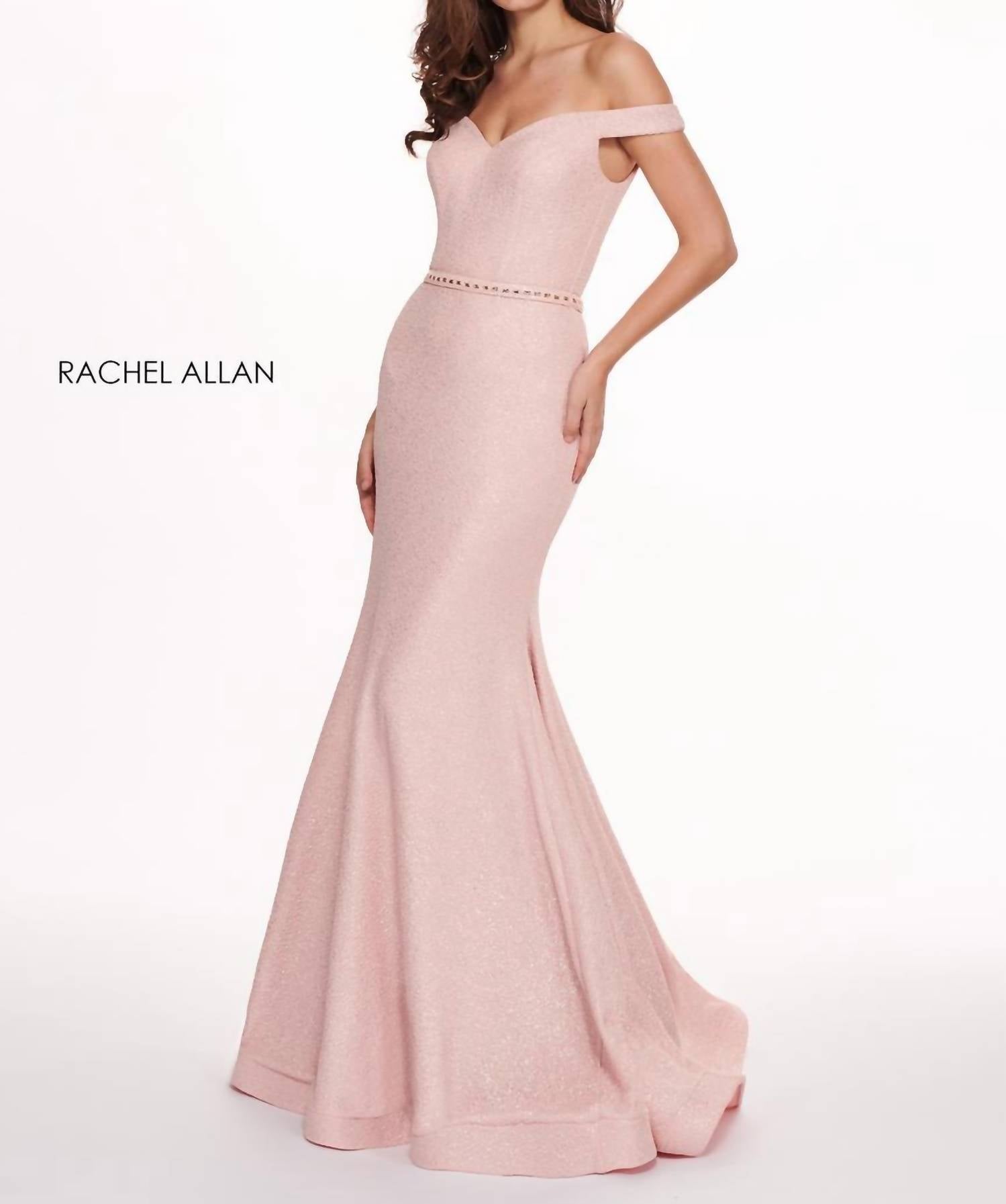 Rachel Allan - Off Shoulder Horsehair Hem Prom Gown