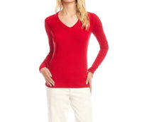 Karen Kane Long Sleeve Ribbed V-Neck Top in red - women's long sleeve top