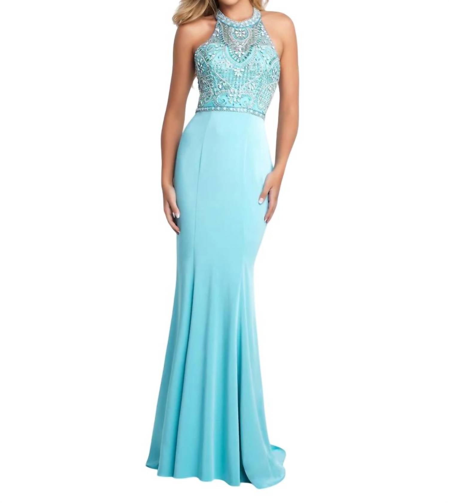 Blush Prom - Beaded Bodice Gown With Cascading Ruffled Back