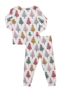 PINK CHICKEN Kid's Bamboo Pajama Set in multi christmas trees - kids' sleepwear - detail view