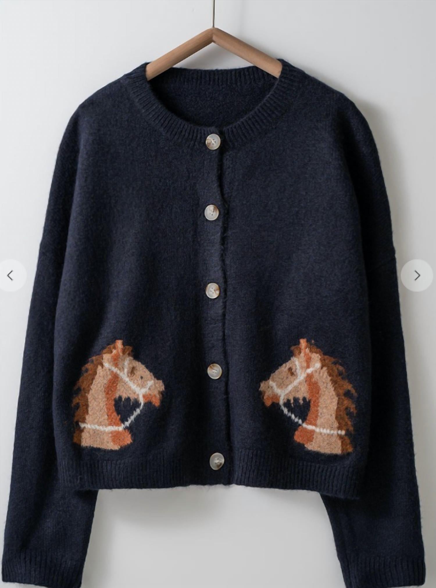 trend:notes Horse Relaxed Cardigan in blue - women's cardigan - alternate view
