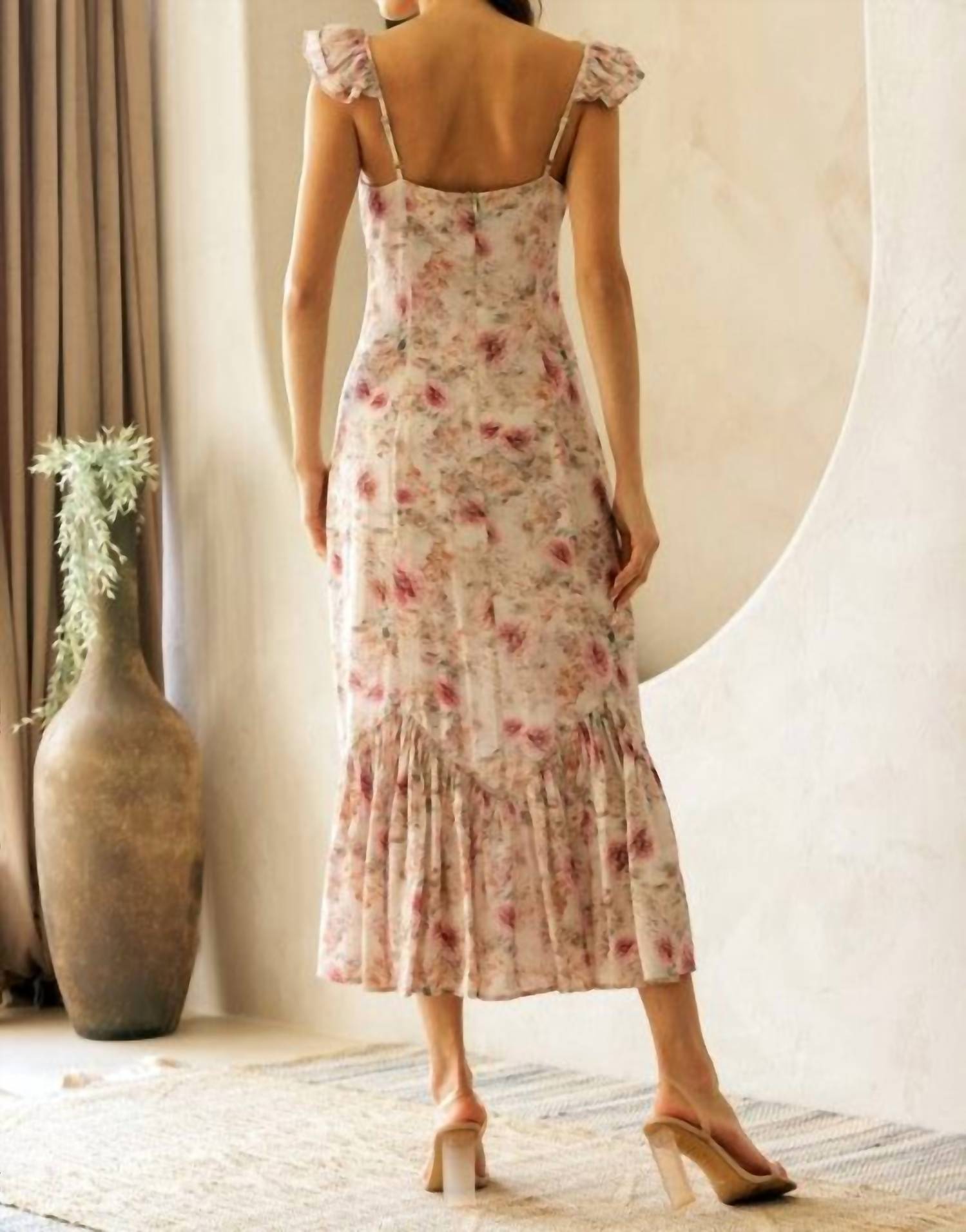 STORIA Floral Ruffle Strap Midi Dress in beige - women's dress - view 4