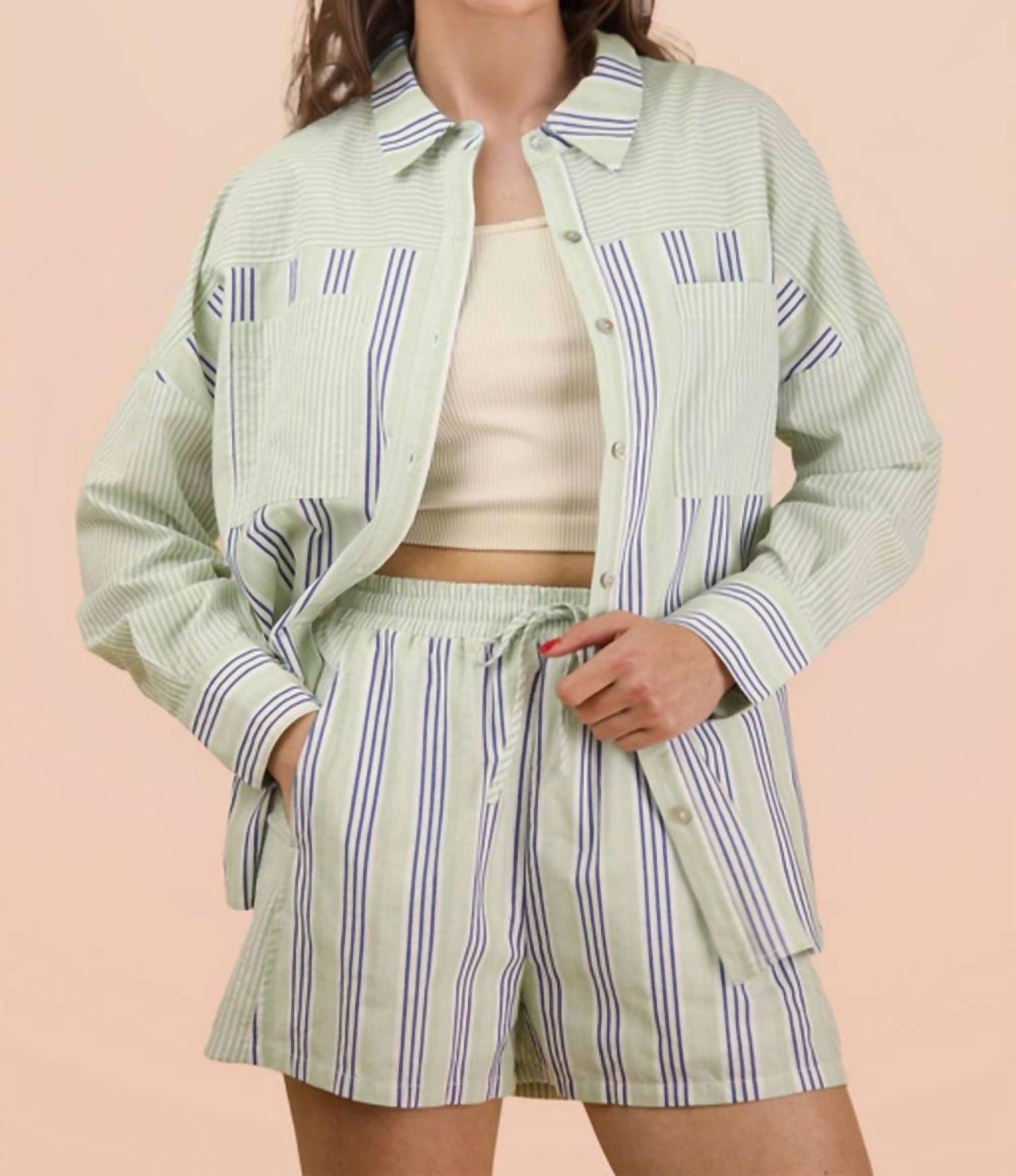 VERY J Stripe Woven Shirt And Shorts Set - Plus in blue sage - men's item - view 4