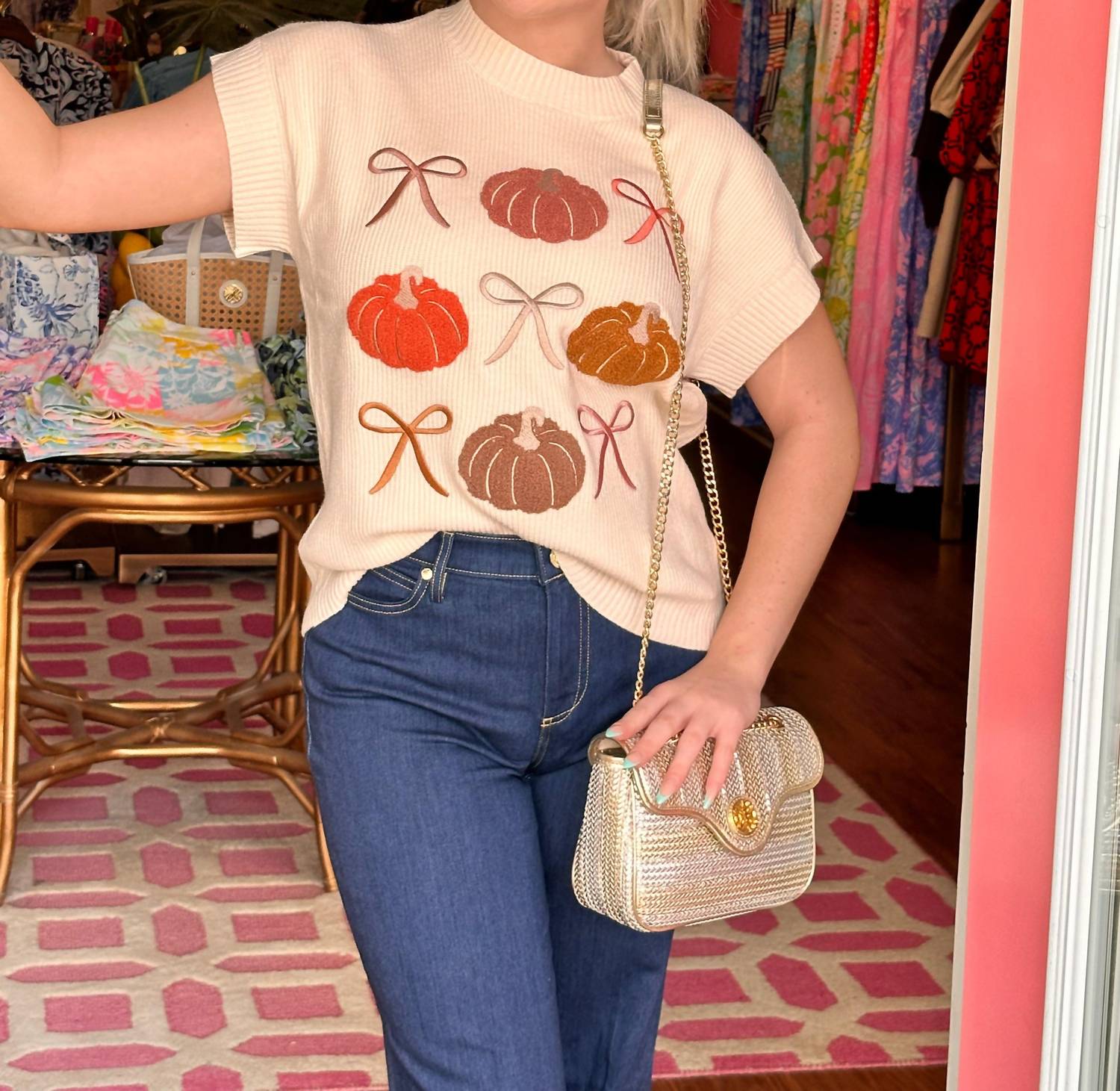 Mary Square Josie Crew Neck Sweater in pumpkin rows - women's sweater