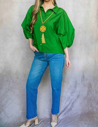 P.CILL Poplin Bishop Sleeve Button Up Blouse in apple green - women's blouse