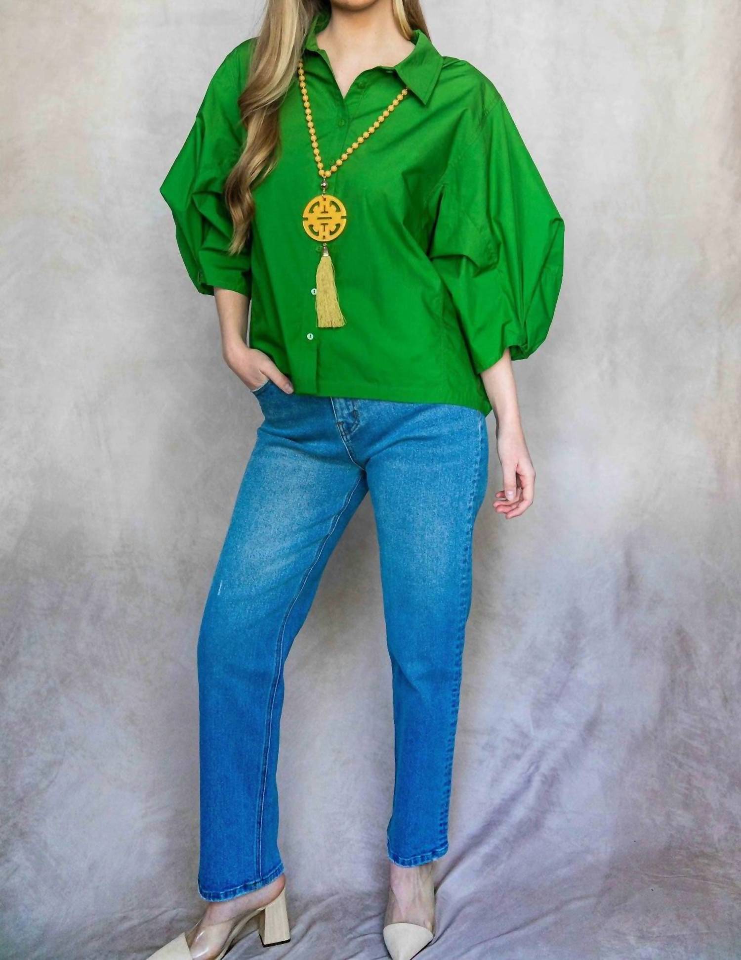 P.CILL Poplin Bishop Sleeve Button Up Blouse in apple green - women's blouse