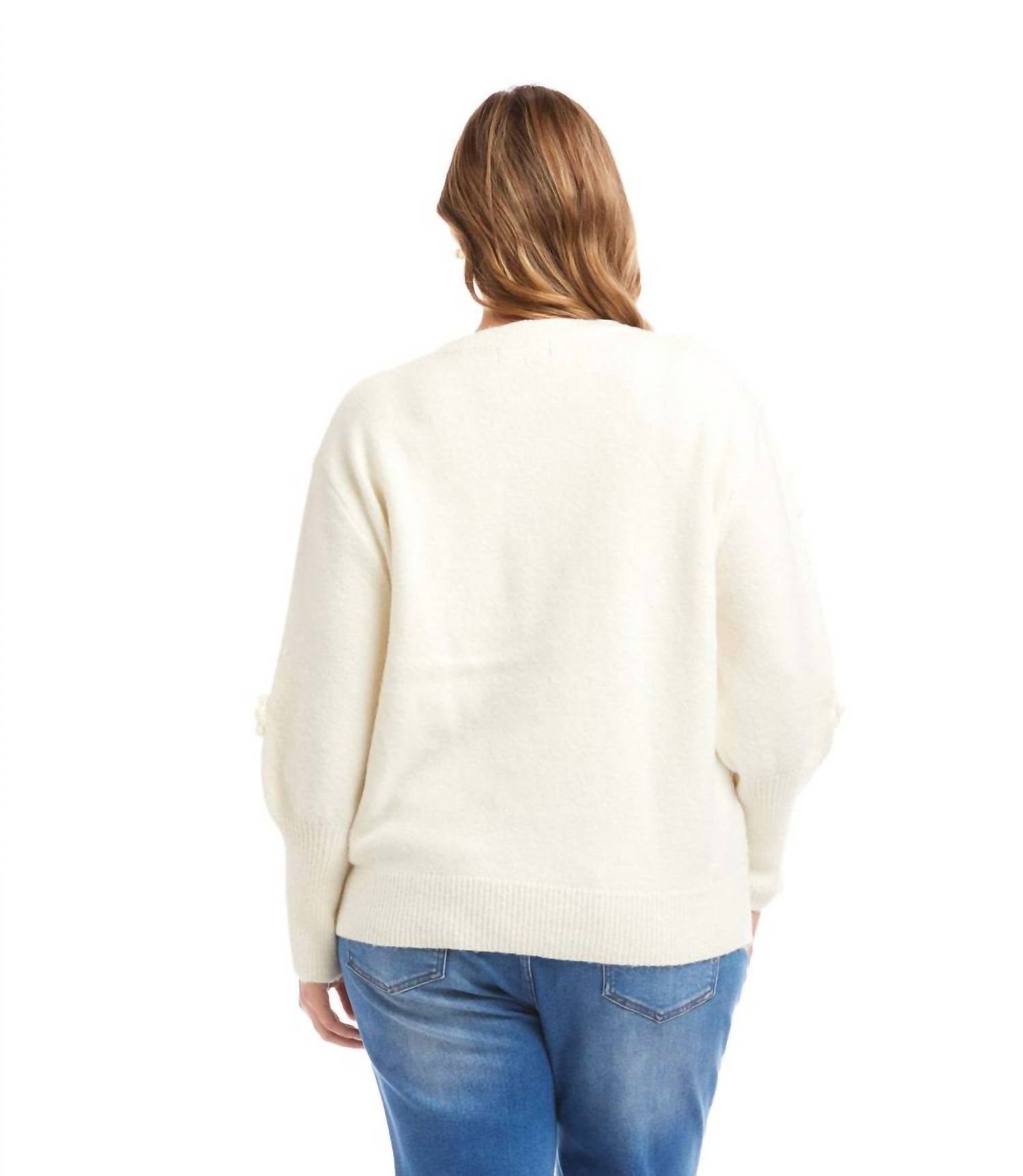 Karen Kane Hand Embroidered Flower Detail Sweater - Plus in light oatmeal - women's sweater - detail view