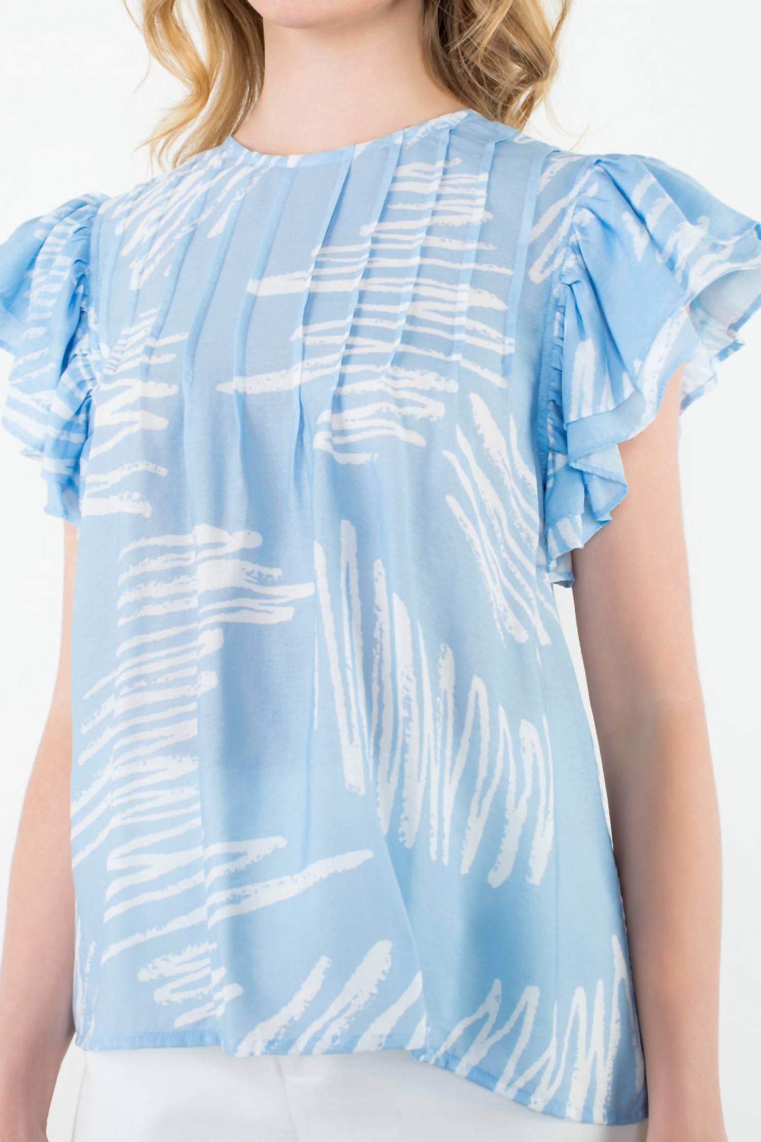 THML Flutter Sleeve Print Top in blue 1 - women's blouse - view 5
