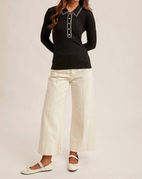 Hem & Thread Contrast Stitch Collared Henley Top in black - women's long sleeve top - alternate view