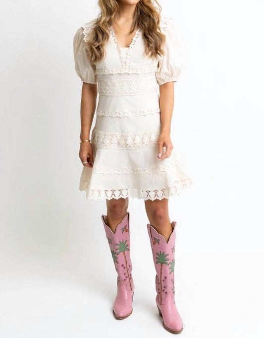 Karlie - Solid Lace Trim Puff Sleeve Dress