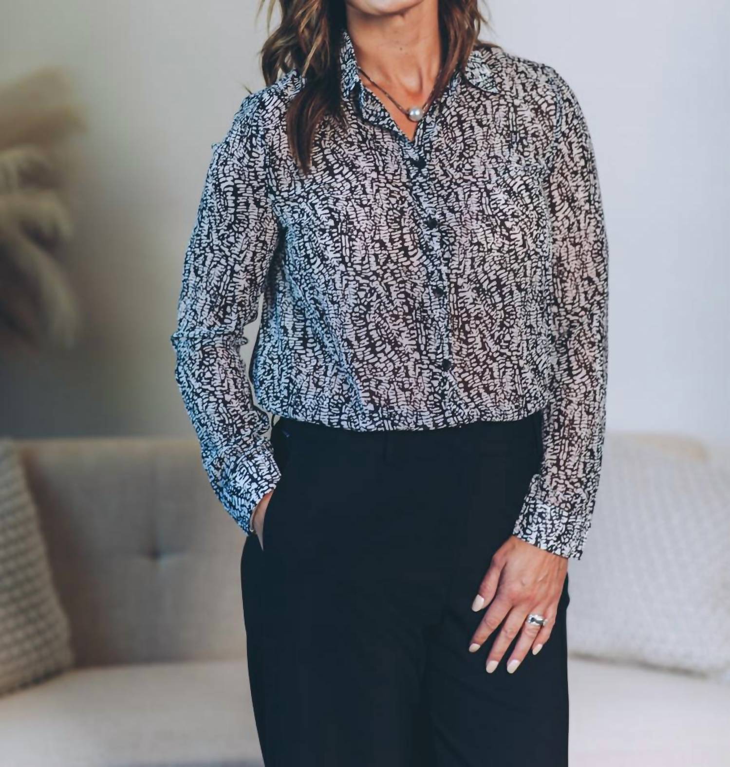 Doe And Rae - Printed Chiffon Button Down Top