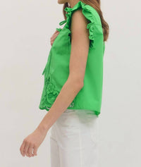 Entro - Collared Ruffle Sleeve Bow Tie Blouse with Eyelet Lace