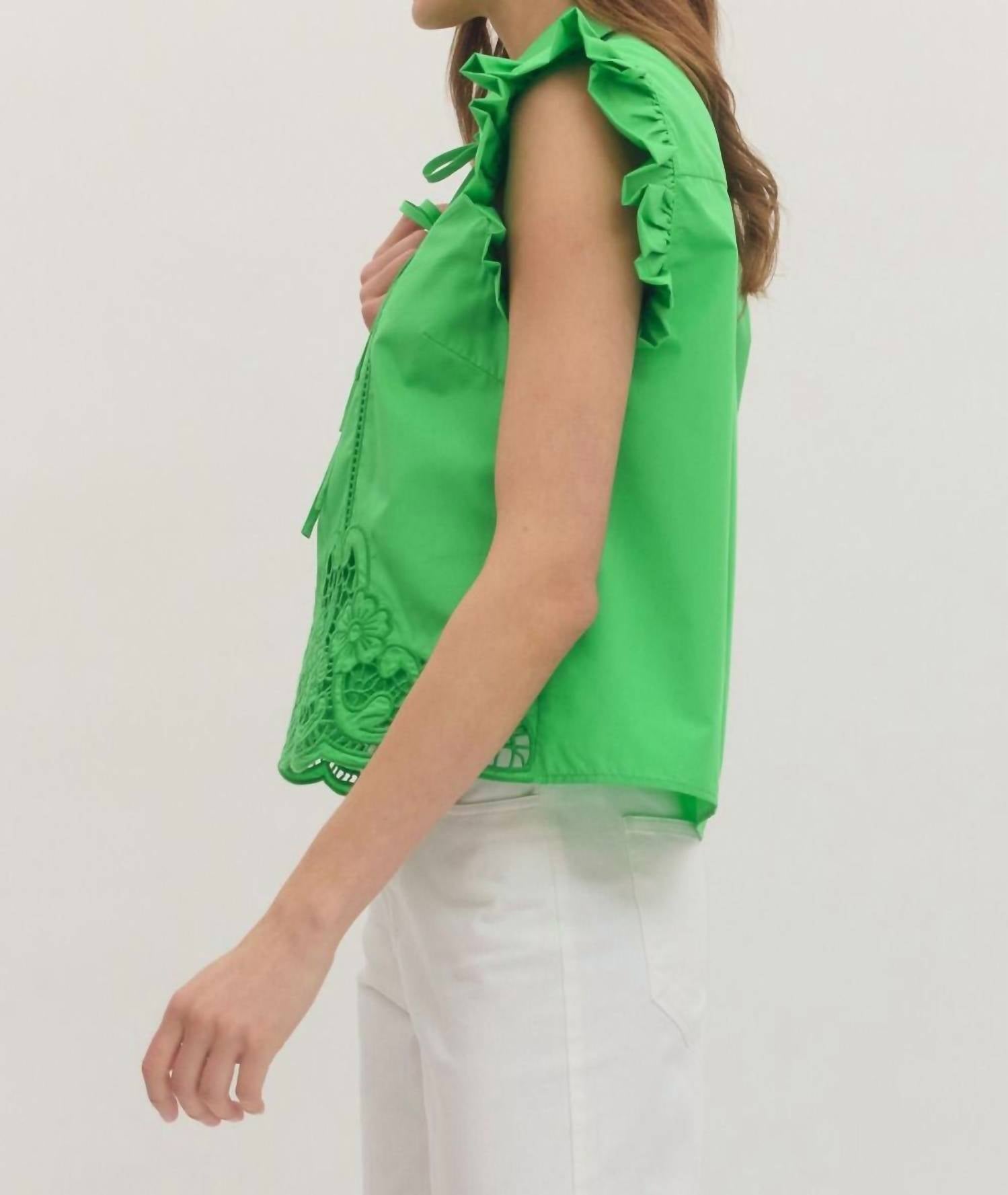 Entro - Collared Ruffle Sleeve Bow Tie Blouse with Eyelet Lace