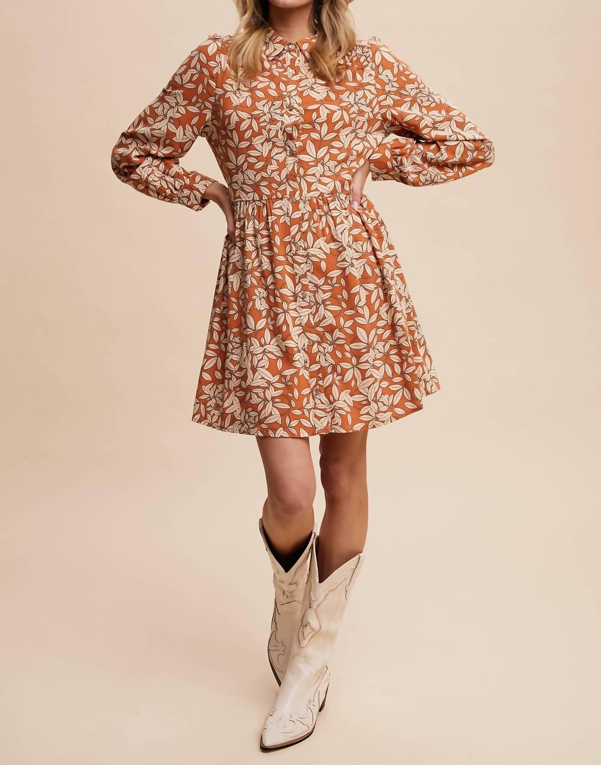 Listicle - Leaf Print Button-front Mini Dress