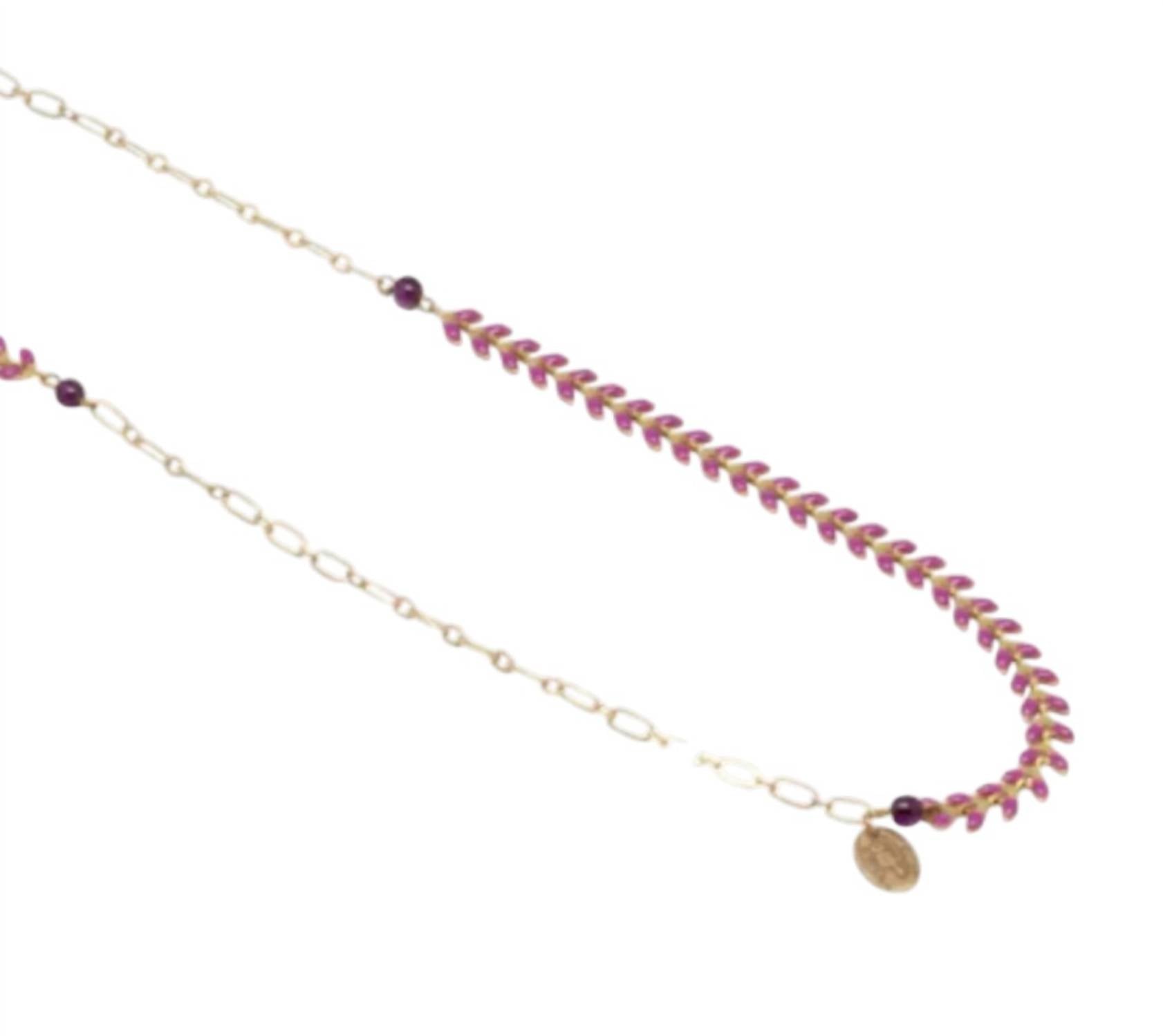 Nadine Delépine Women's Enameled Brass Leaf Chain And Glass Beads Necklace in red - women's jewelry - detail view