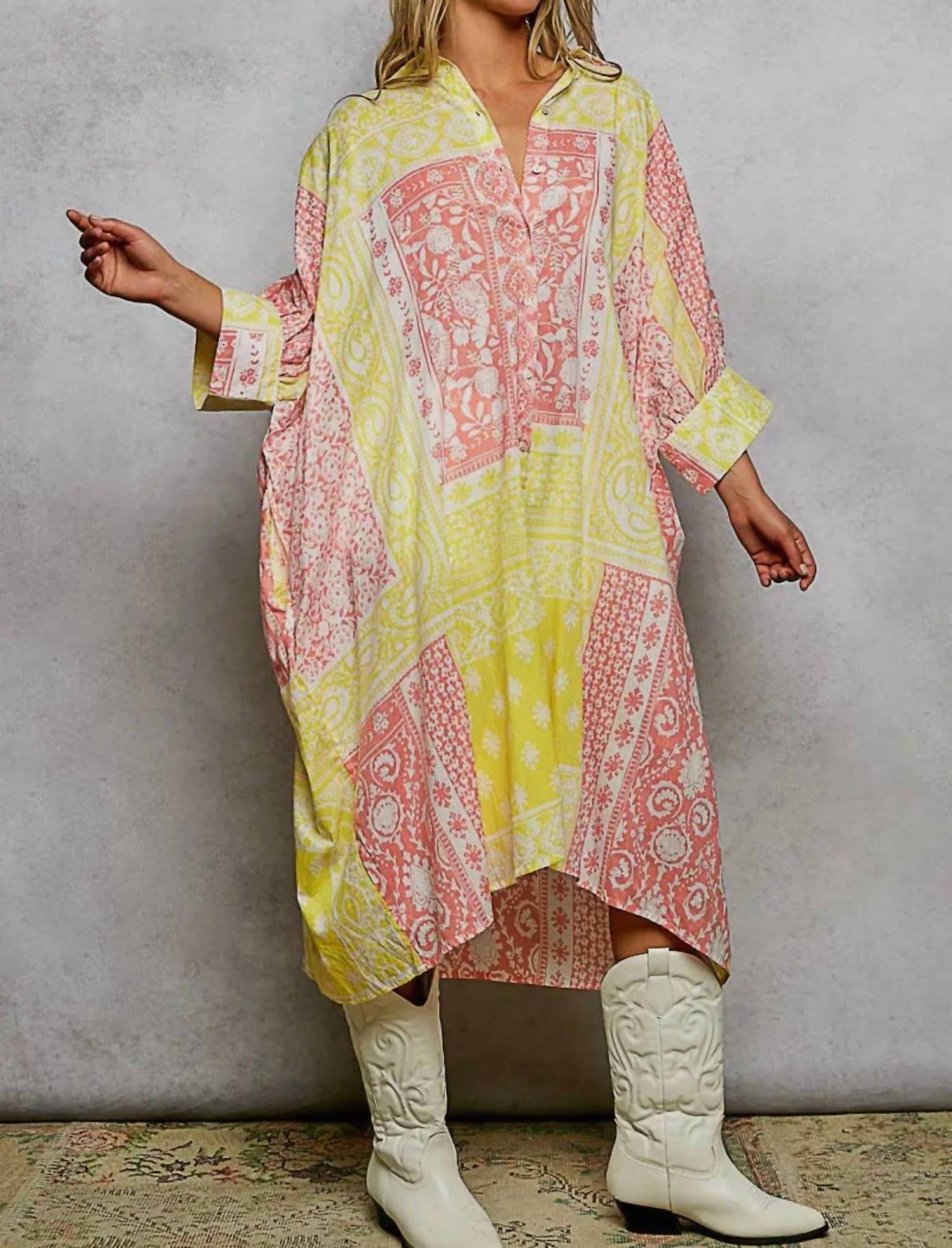 POL Half Sleeve Printed Oversized Shirt Dress in lemon multi - women's dress - view 6
