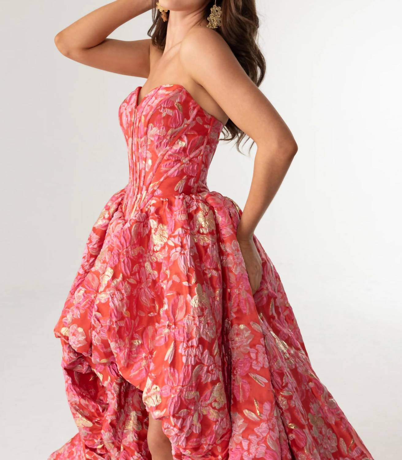 Rachel Allan - Jacquard Print High Low Gown