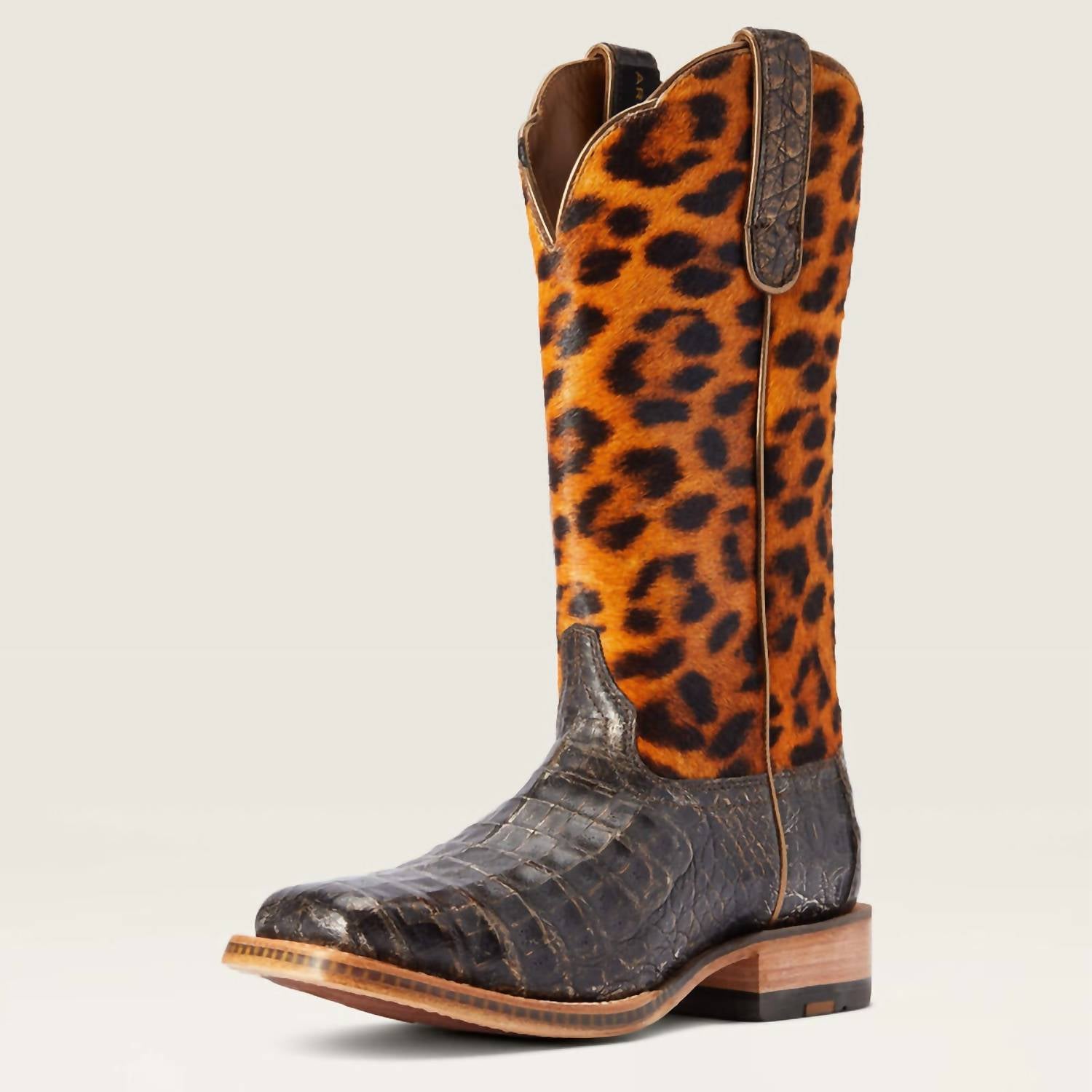 ARIAT Women's Donatella Brushed Caiman Leopard Hair-on Western Boot in brown chocolate - women's shoe - detail view