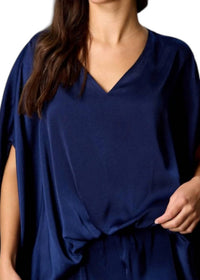Before You Satin Solid V-neck Elastic Flowy Top in navy - women's blouse - detail view