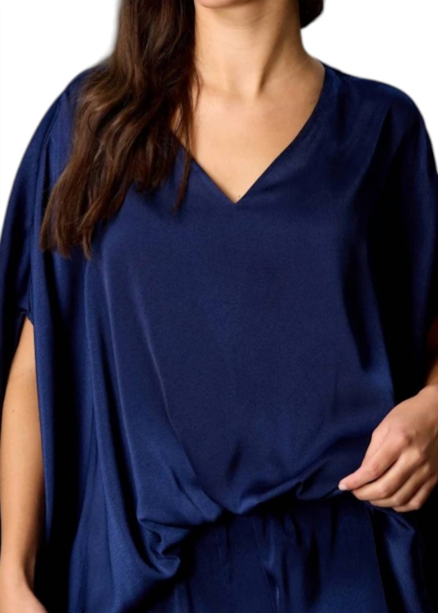 Before You Satin Solid V-neck Elastic Flowy Top in navy - women's blouse - detail view